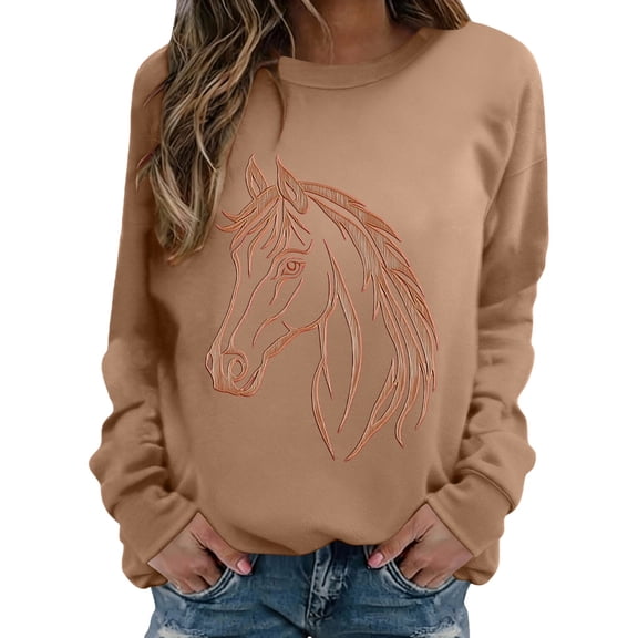 GZWYHT Vintage Horse Print Sweatshirts for Women Riding Horse Lover Long Sleeve Crew Neck Pullover Tops Casual Loose Shirts Beige L