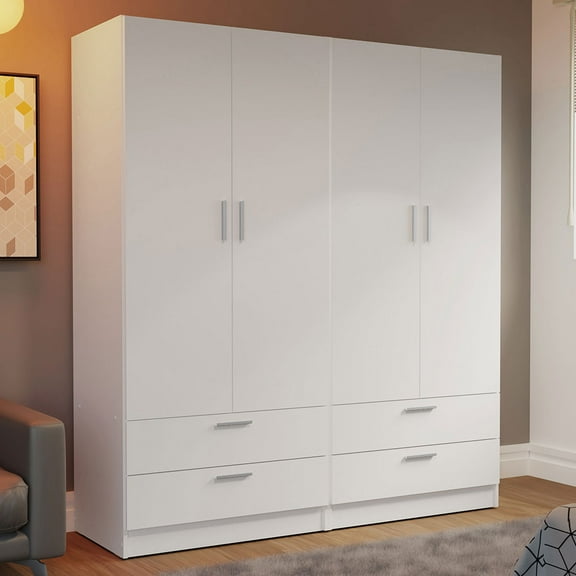 Madesa 4 Doors 4 Drawers Storage Cabinet Wardrobe with Shelves and Hanging Space 63"L Wooden Armoire Closet Organization Unit for Bedroom and Office - White