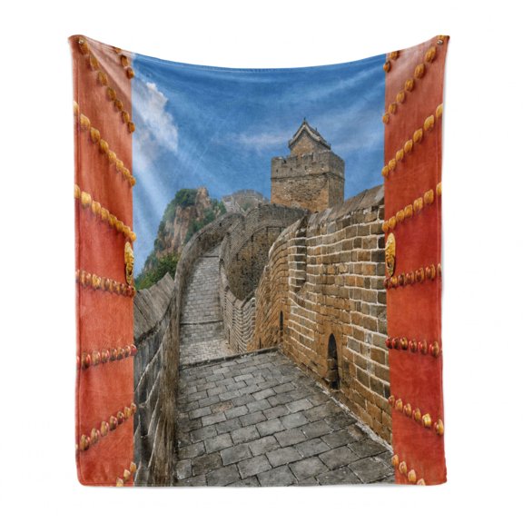 China Soft Flannel Fleece Throw Blanket, Majestic Cultural Defensive Longest Architecture Silk Road Tower Image, Cozy Plush for Indoor and Outdoor Use, 60" x 80", Multicolor, by Ambesonne