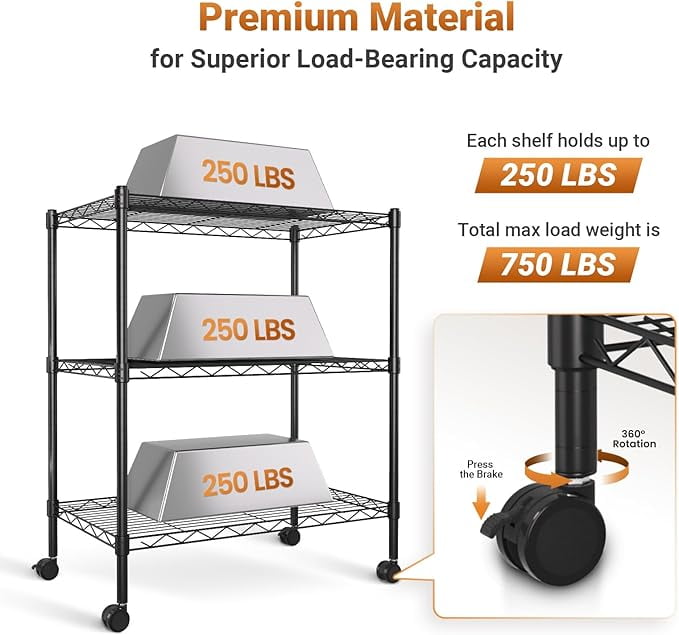 3-Shelf Wire Storage Shelves with Wheels,Adjustable Storage Units,Steel Organizer Wire Rack,Black