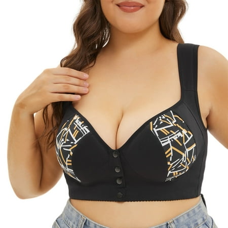 Gvdentm Women s Front Closure Bras Plus Size Printing Gathered Underwire Unlined Back Support Plunge Seamless Bra(Black 46B)