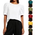 thumbnail image 2 of HongQid Women's Blouse Puff Short Sleeve Tops Crinkle Woven Round Neck Lightweight Shirt Loose Summer Casual Trendy Clothes, 2 of 7