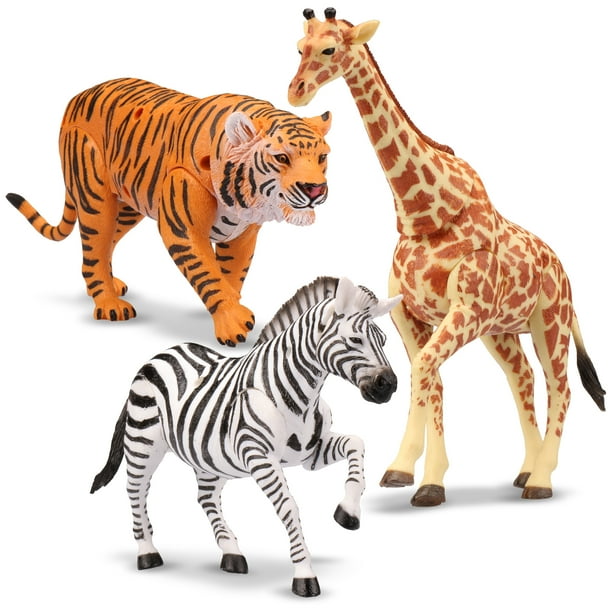 Kid Galaxy 9" Poseable Safari Animal Figure Set, Tiger/Zebra/Giraffe