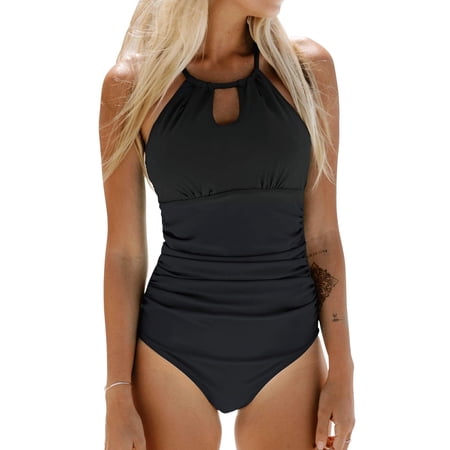 Cupshe Women's Black One Piece Swimsuit Tummy Control Cutout High Neck Bathing Suit, S