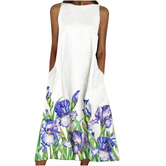 Rutainlusire Sleeveless Dress for Summer for Women Clearance Fashion Women Prints Comfy Summer O-Neck Ladies Pockets Sleeveless Dress