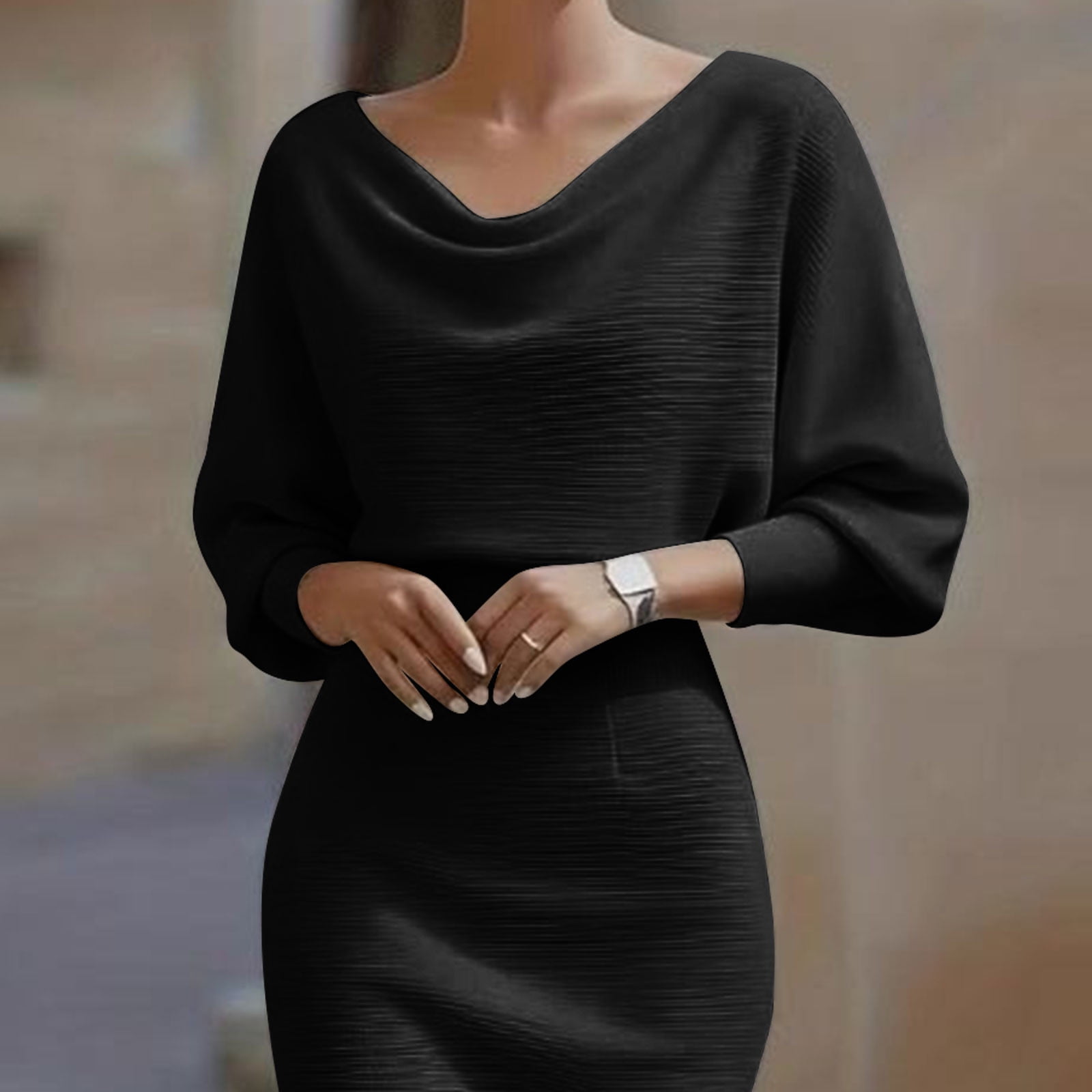 Women's Cowl Neck Bodycon Work Dresses, Elegant 3/4 Batwing Sleeve Business Office Church Pencil Dress