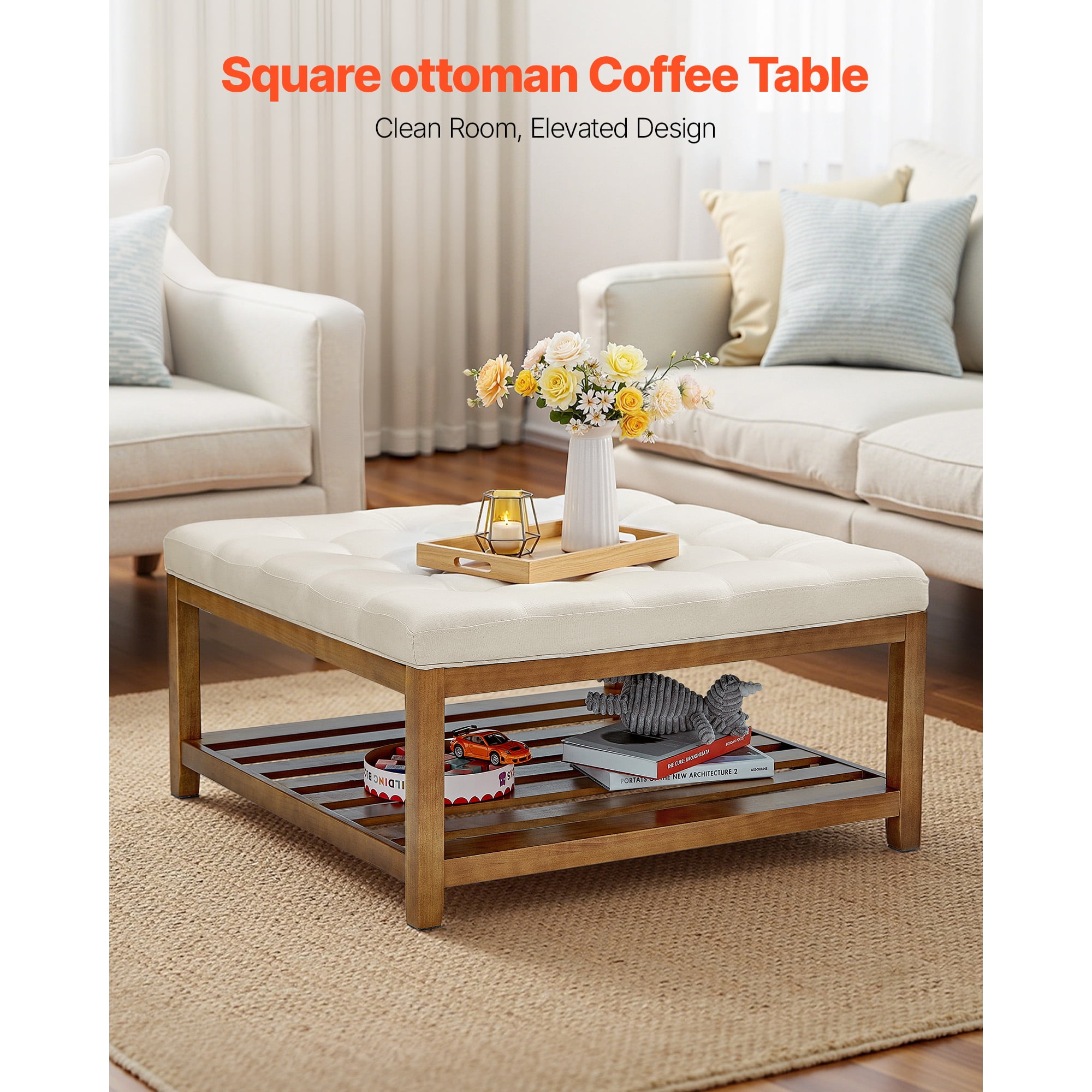 KFFKFF Large Square Ottoman Coffee Table, 34.5-Inch Tufted Design with Solid Wood Storage Shelf, Upholstered Linen Footrest for Bedroom or Living Room, 400 lbs Capacity, Off-White