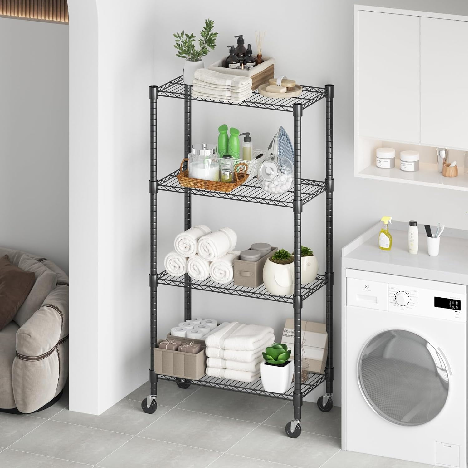 Sailvan 4-Tier Heavy Duty Metal Storage Shelves with Wheels, 30"W x 14"D x 72"H, 1200LBS Capacity Adjustable Wire Shelving Unit, Black