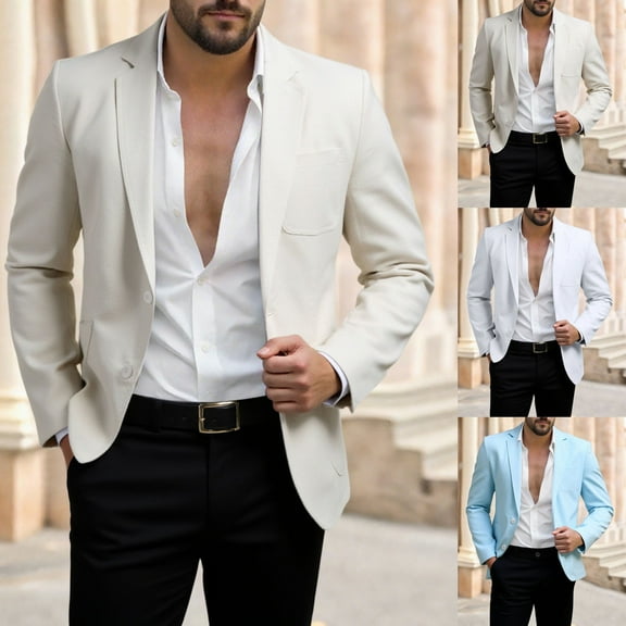 safuny Men's Blazer Notch Lapel Long Sleeve Buttoned Pocketed Stylish Formal Business Occasion Wear Blue L