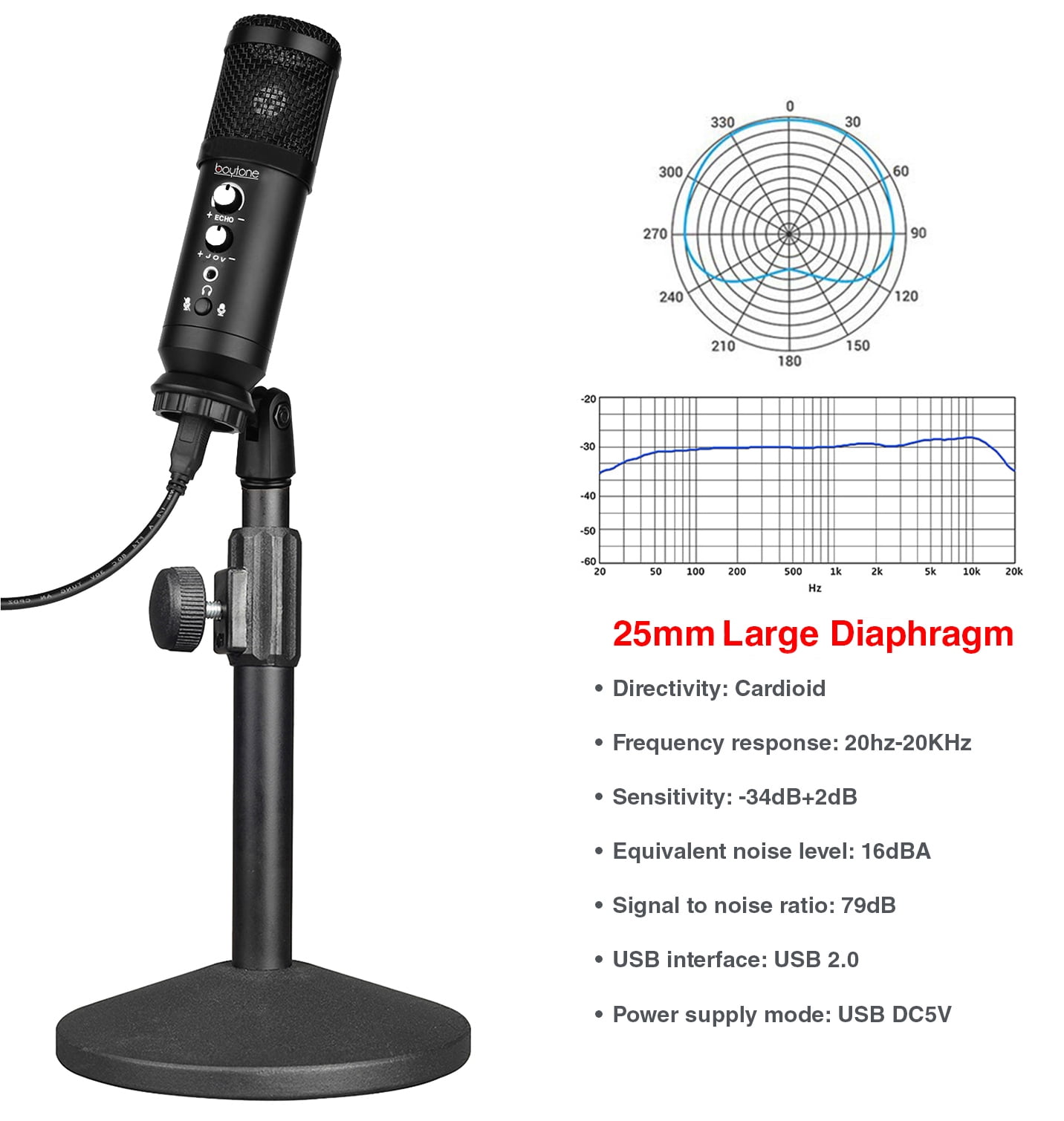 Boytone BT-78SM, 25mm Diaphragm USB Microphone Streaming, Podcasting, Recording for PC and Mac, Studio Vocal Recording Quality Sound, Plug & Play