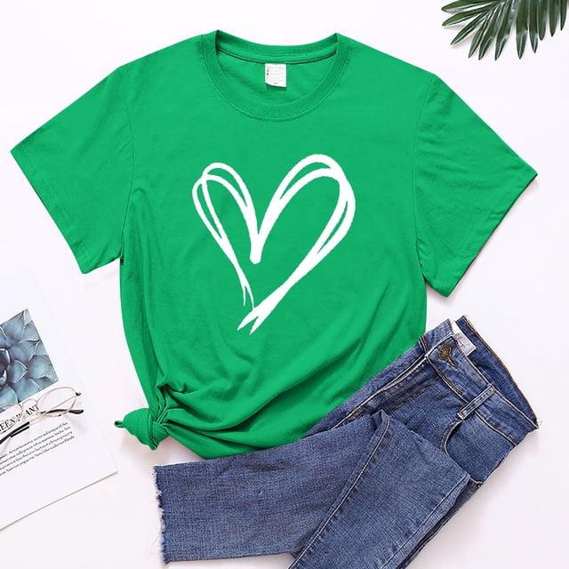 Meichang Happy Valentines Day Chemises Femmes Mignon Imprimé Cœur T-Shirts Manches Courtes Décontracté Col Rond T-Shirts Happy Valentines Day Chemises