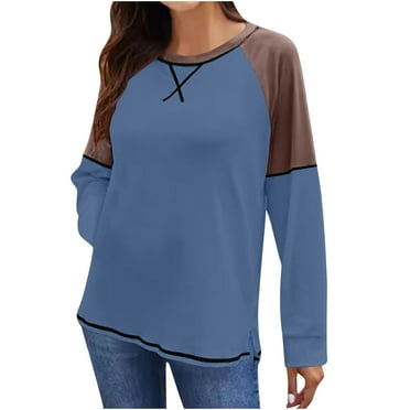 T-Shirts à Manches Longues Surdimensionnés pour Femmes Colorblock Basiques Col Rond Hauts Décontractés Mode Vêtements Décontractés