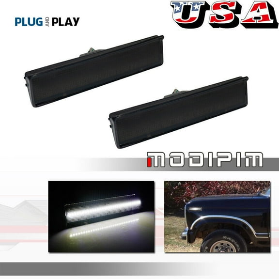 White LED Smoked Front Corner Side Marker Lights Fits 1980 - 1986 for Ford F150/250/350-