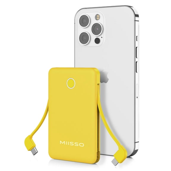 6000mah Ultra Slim Built in Cables Power Bank, Size Built in USB C Cords Battery Pack Portable Charger for Phones, 3 Output External Battery Pack Compatible with iPhone, Samsung, Google, Yellow C80