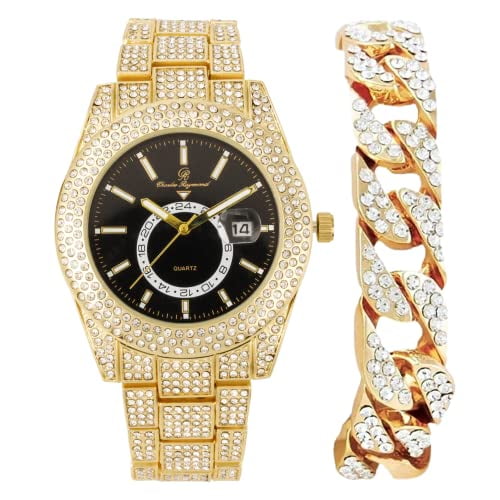 Charles Raymond Minimalist Designer Iced Out Watch with Date Window on dial A Hip Hop Clone Conspiracy Timepiece to Become a King of Bling - ST10328A (ST10328A Gld-Blk-CB)