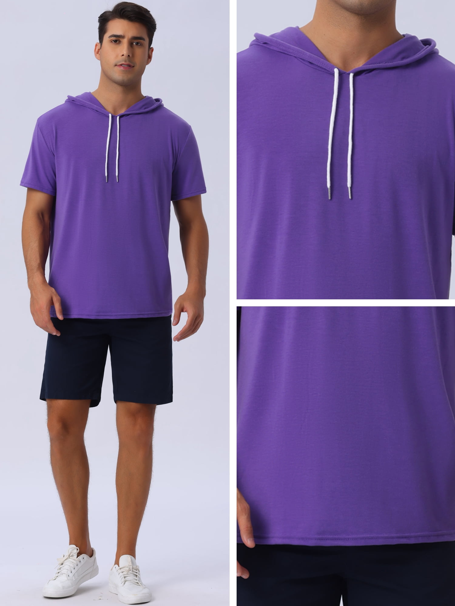 DARING DIVA Men's Casual Short Sleeve Pullover Drawstring Hooded T-Shirt XL Purple