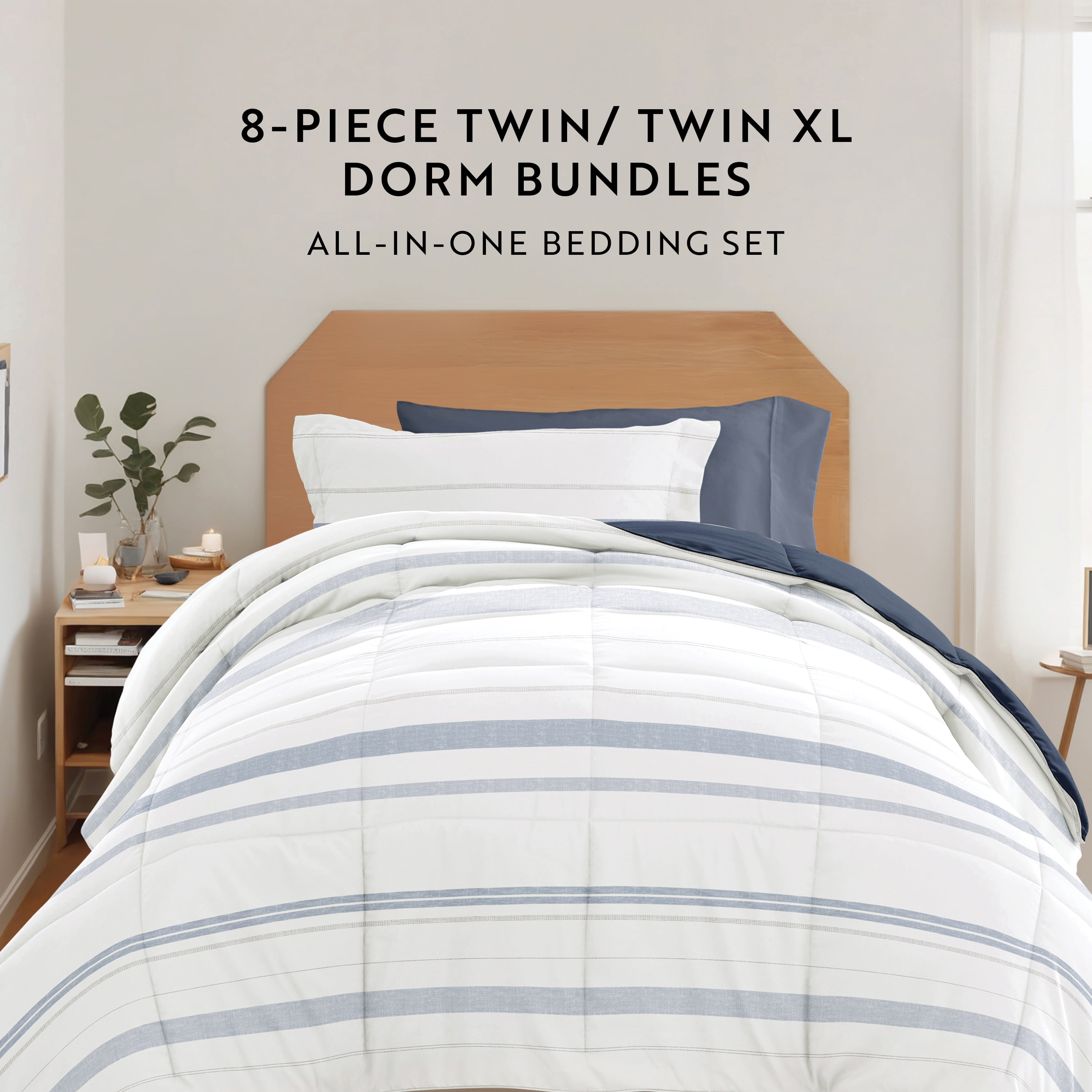 Noble Linens 8 Piece Dorm Bedding Bundle, Comforter & Sheet Set, Pillows, Laundry Bag