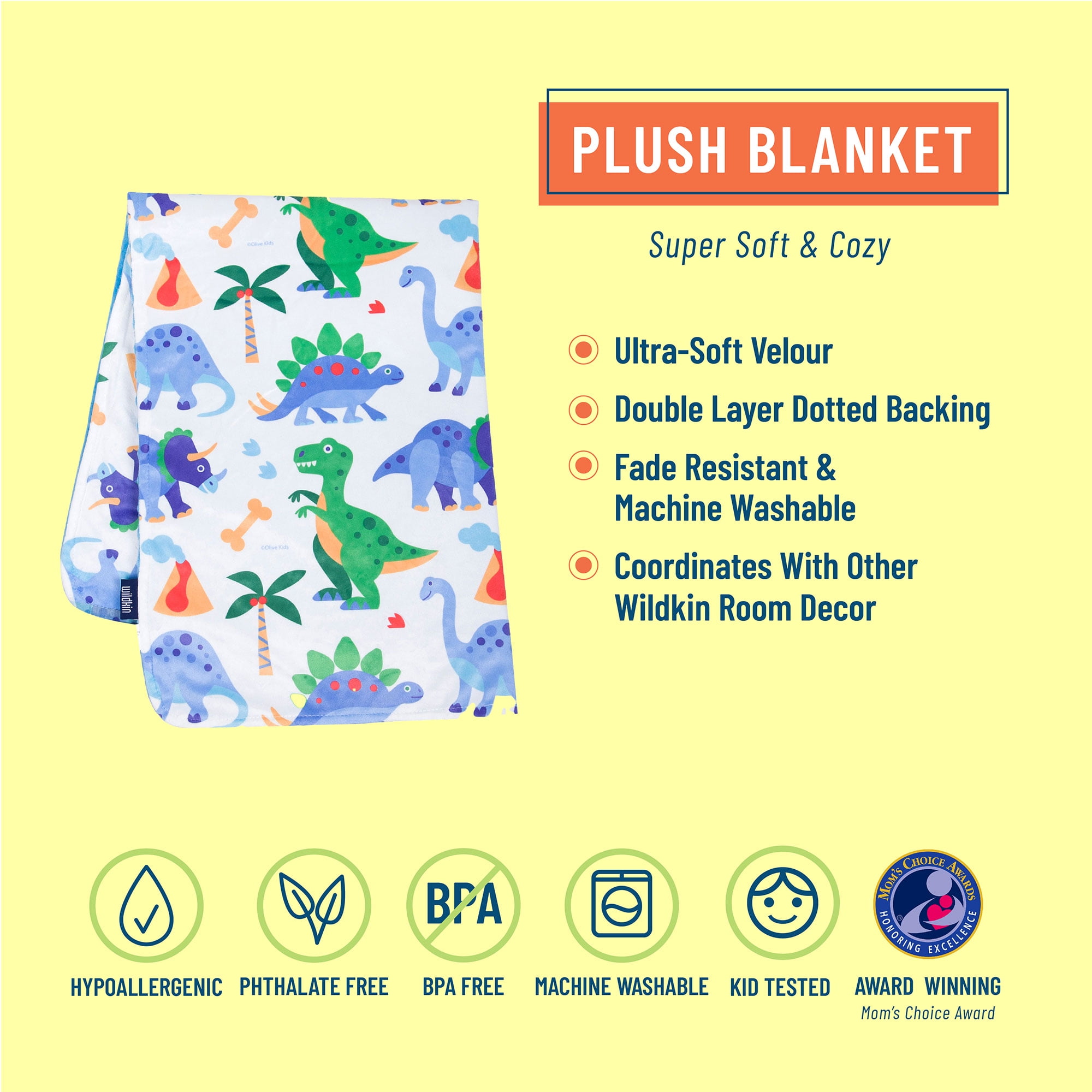 Wildkin Plush Throw Blanket for Toddler Boys and Girls, Ultra-Soft Velour, Double Layer Dotted Backing (Dinosaur Land)