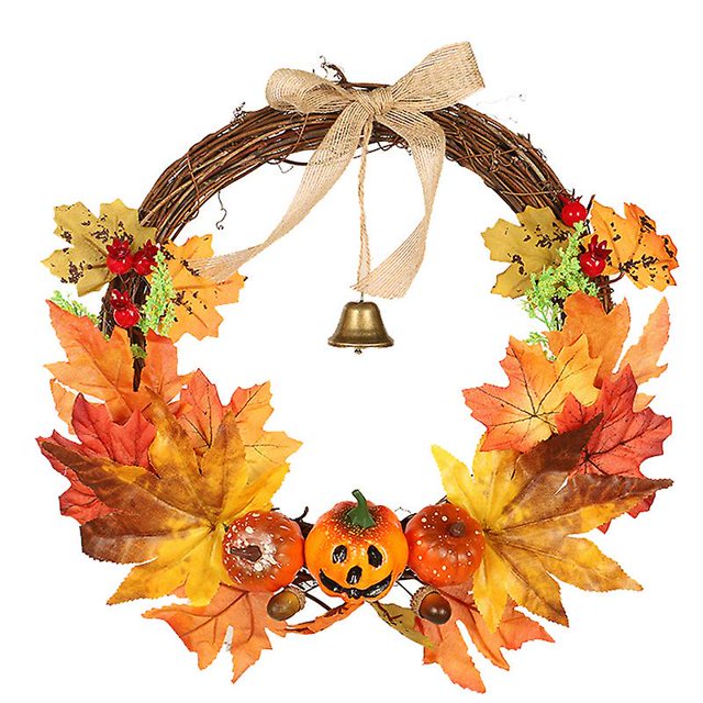 Ventas promocionales 30 cm Corona artificial de otoño Hoja de arce Cosecha Calabaza Baya Puerta delantera Colgante Campanas Decoración