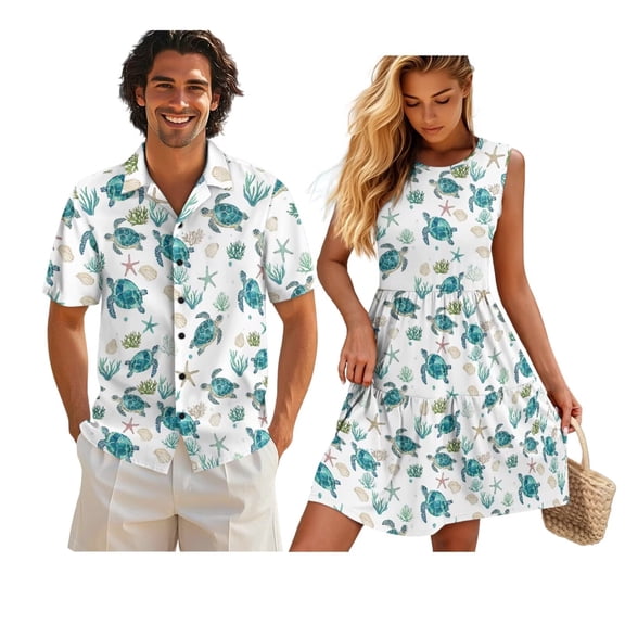 Yuyamidu Couples Outfits Matching Sets Summer Shirts for Men Womens Hawaiian Dresses Button Up Short Sleeve Shirts for Men and Women Matching Outfits Short Pleated Tiered Sundresses Man L