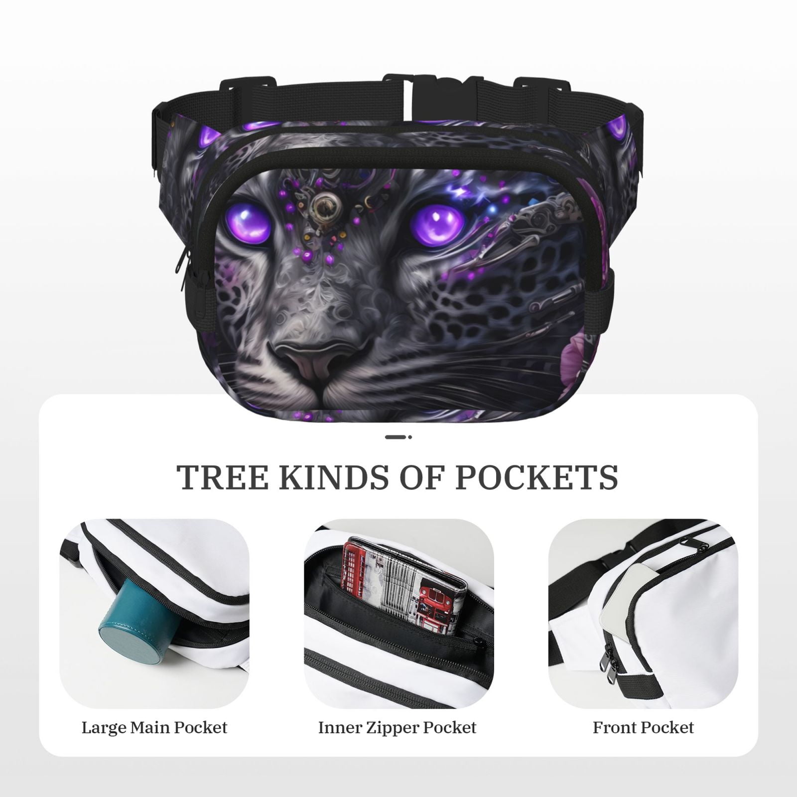 Fuzoiu Purple-Eyed Floral Leopard Print Unisex Square Double Layer Waist Bag,Crossbody Fanny Pack Travel Workout Accessory