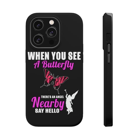 DistinctInk MagSafe Tough Case for Apple iPhone 15 Pro (6.1" Screen) - See Butterfly, Angel is Nearby - Tempered Glass Back