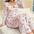 thumbnail image 2 of DHFJKG Pajamas For Women Set Bow Print Lace Trim 2 Piece Sweet Loungewear Long Sleeve Slim Fit Cropped Top With Loose Fit Pants Sleepwear Classic Home Clothes, 2 of 4