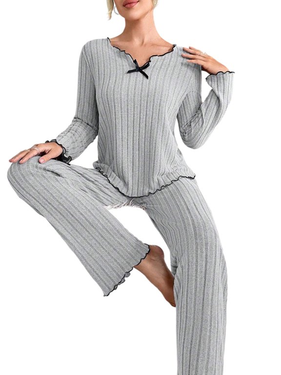 Womens 2pcs Pajamas Set Long Sleeve Tops + Pants Loungewear Winter Fall Knitted Sleepwear
