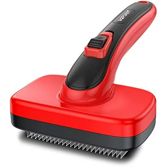 Self Cleaning Slicker Brush for Shedding Long Short Haired Dogs & Cats, Remove Loose Tangling Knot Undercoat Fur Mats, Grooming Brush with Retractable Bristles for Small Medium Large Pet, Red