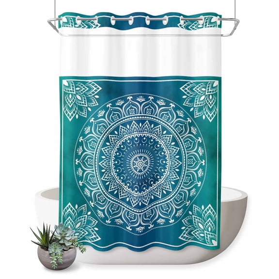 No Hook Shower Curtain with Built-in Rings - Teal Blue Bohemian Washable Waterproof Fabric Bathroom Curtains for Hotel,Rentals, Stall 48 X 72 Inch , Retro Man-dala Pattern White