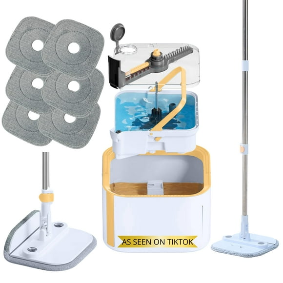 Mop And Bucket System Pro With Removable Water Tank Duo Bucket & Spin Mop System Self Wringing Separates Clean From Dirty Water Folding Head Dual Brush System 6-Pc Machine Washable Pads