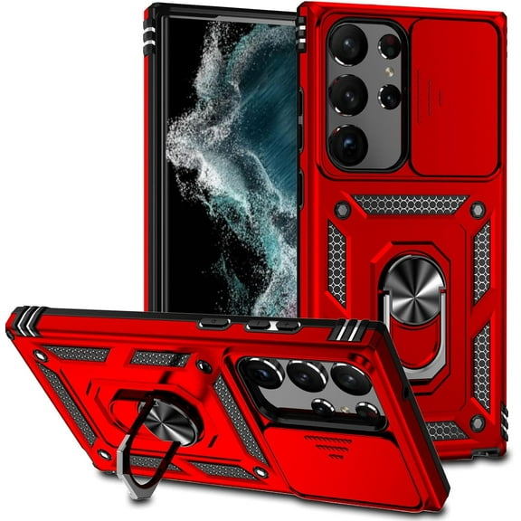 for Samsung Galaxy S23 Ultra Phone Case, [Military Grade Drop Tested] [360° Rotatable Metal Kickstand Ring] [Full Camera Protection] [Magnetic Car Mount Compatible] Heavy Duty Shockproof, Red