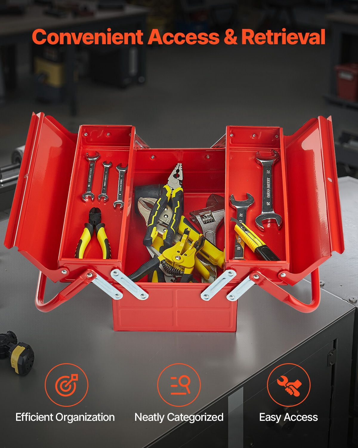 14-inch Metal Tool Box with 2-Tier 3-Tray, Cantilever Design, Powder-Coated Steel, Lock Hole, 8.8 lbs Capacity for Workshop Garage