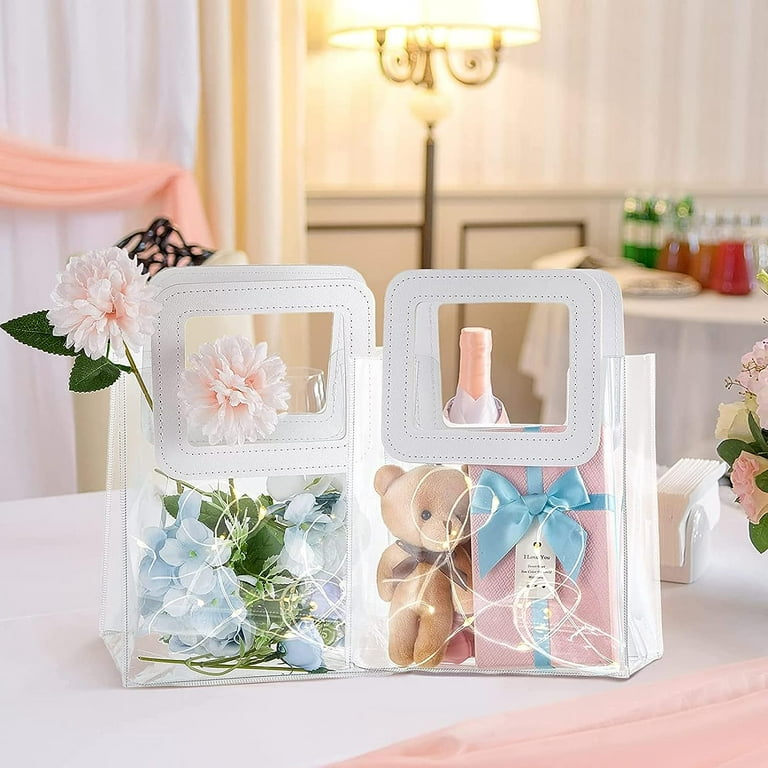 6 Pack Clear Gift Bags with Handles 7 x 8 x 4 inch Transparent Gift Bag Heavy Duty Gift Wrap Bags Large Reusable Plastic Bags for Bridal Party Baby