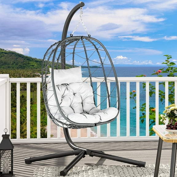Dextrus Wicker Egg Swing Chair with Steel Stand Cushion 330lbs for Patio, Bedroom, Garden and Balcony, Gray, No Table