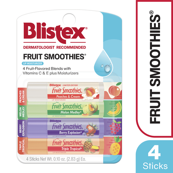 Blistex Fruit Smoothies Flavored Lip Balm 4 Pack: Peaches & Cream, Melon Medley, Berry Explosion, Triple Tropical
