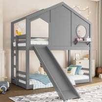 Bellemave Twin Over Twin Bunk Bed with Slide, Wood House-shape Floor Bunk Bed with Ladder and Storage, Space-saving Twin Loft Bed, No Box Spring Needed(Gray)
