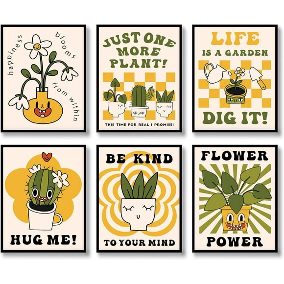 Hippie Wall Art Retro Floral Prints Set of 6 Hippie Flower Canvas Vintage Posters Aesthetic Abstract Happy Face Pictures Boho Positive Photos for Living room Bedroom Decoration 8x10 inch Unframed