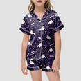 thumbnail image 2 of Caqnni Satin Pajamas Set for Girl Halloween Skeleton Pumpkin Print Pjs 2 Piece Short Sleeve Button-Down Shirt with Shorts Girls Halloween Pajamas Sets (4-5 Years,Dark Blue), 2 of 5