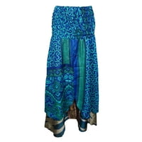 Mogul Womens Beach Dress Blue Vintage Silk Sari Two Layer Flirty Maxi Skirts