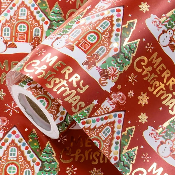 WarmHaven Red Christmas Wrapping Paper Roll, Gingerbread House, Gold Foil Merry Christmas Holiday Gift Wrap for Kids Family Friends, Winter Holiday, Mini Roll 17 in x 16.4 Ft