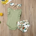 thumbnail image 3 of Infant Kid Baby Girls Ruffle Sleeveless Romper Flower Print Shorts 3PCS Set Green 12-18 Months, 3 of 8