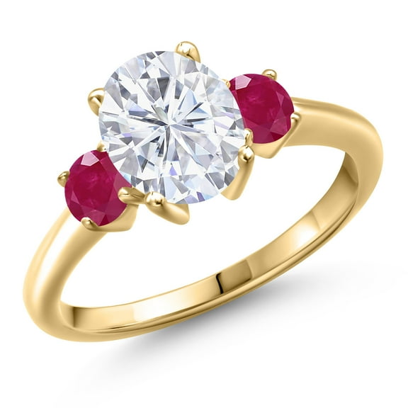 Gem Stone King 10K Yellow Gold White Moissanite and Red Ruby Engagement Ring for Women | 2.80 Cttw | Oval 9X7MM | Gemstone Birthstone | Size 9