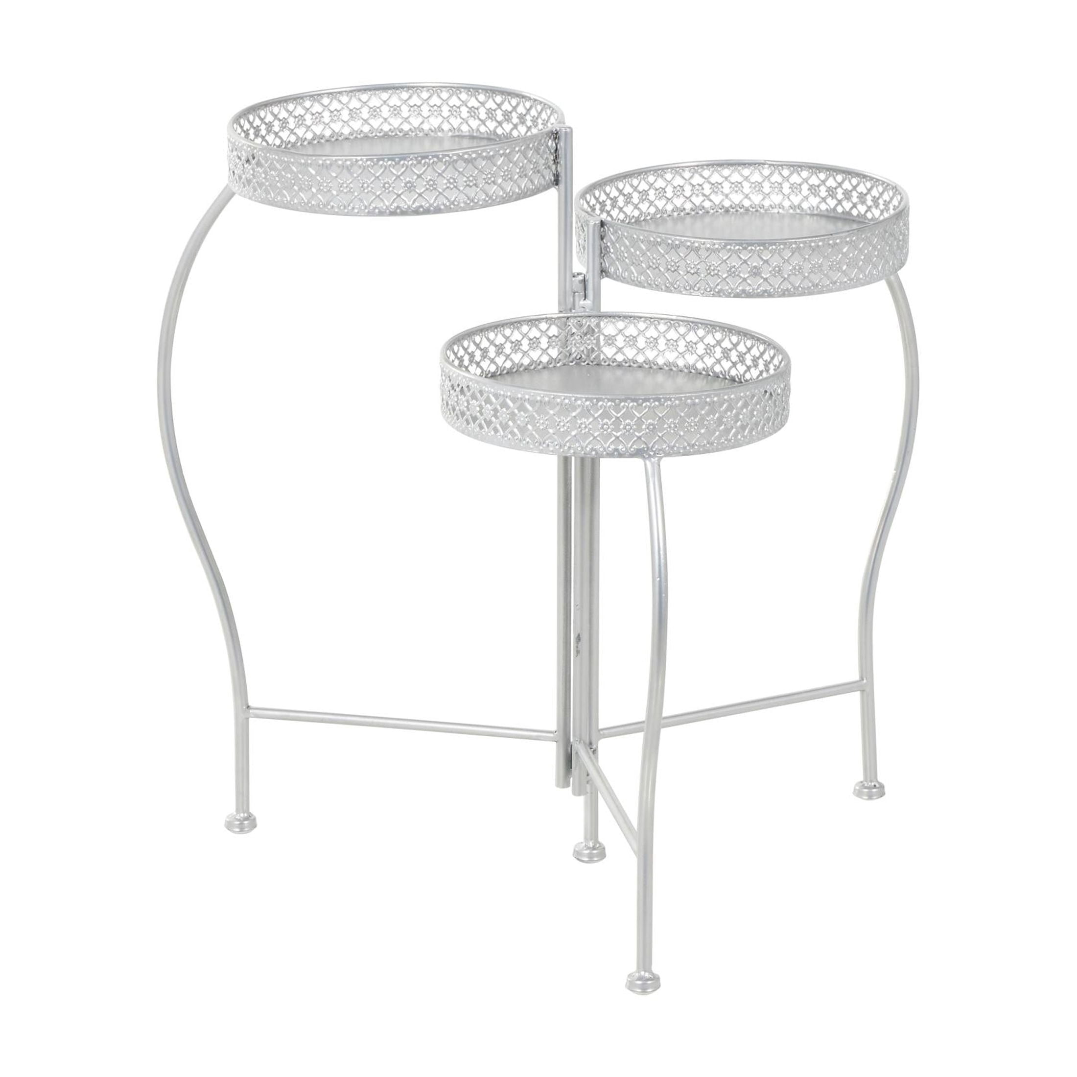 DecMode 17" x 17" x 20" 3 Tier Silver Metal Curved Folding Plantstand with Floral and Scroll Patterns