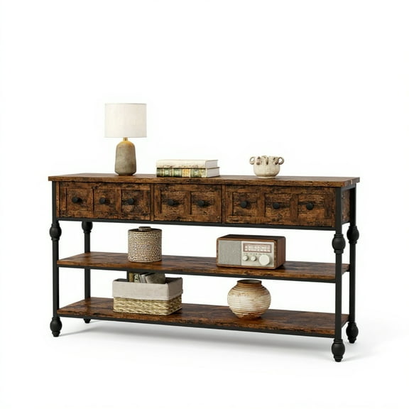 Garvee Console Sofa Table with 3 Drawers, 3-Tier Storage Shelves, 52.56 x 11.81 x 28.54", Brown