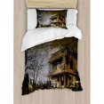 thumbnail image 3 of Rustic Home Decor King Size Duvet Cover Set, Old Haunted Abandoned Wood House at Dark Night with Bats Scary Horror Paint, Decorative 3 Piece Bedding Set with 2 Pillow Shams, Multi, by Ambesonne, 3 of 3