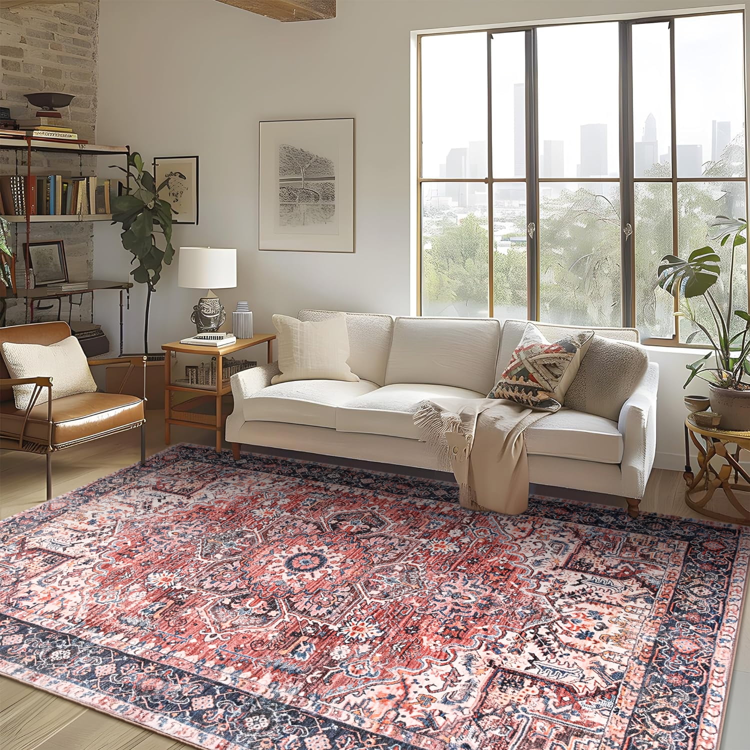 Lochas Vintage Accent Rugs Distressed Print Area Rug Low Pile Carpet for Living Room Bedroom Home Decor,Brick Red,6'x9'