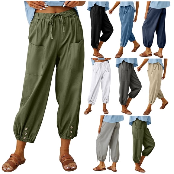 CHGBMOK Pants for Women Fashion Summer Casual Loose Cotton and Linen Pocket Solid Trousers Pants S-3XL