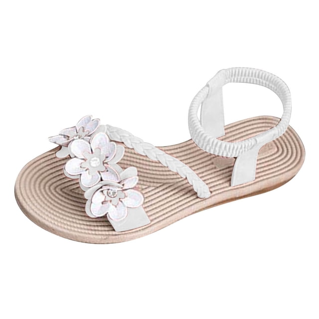Womens Flat Sandals Weave Strap Open Toe Rhinestone Flower Decoration Ankle Elastic Non Slip Lightweight Breathable Summer Beach Sandals Beige