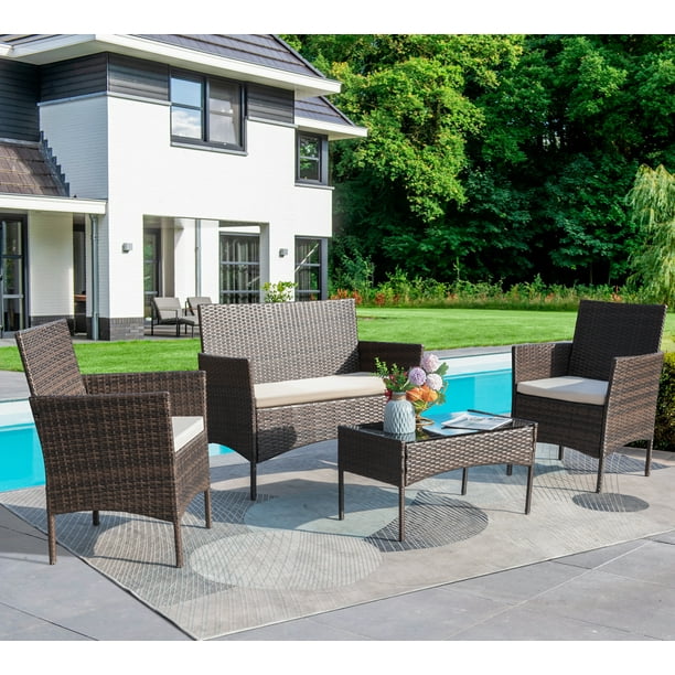 Lacoo 4 Piece Outdoor Patio Conversation Furniture Sets With Cushioned Tempered Glass Com - 2 215 4 Patio Chair Diy Set